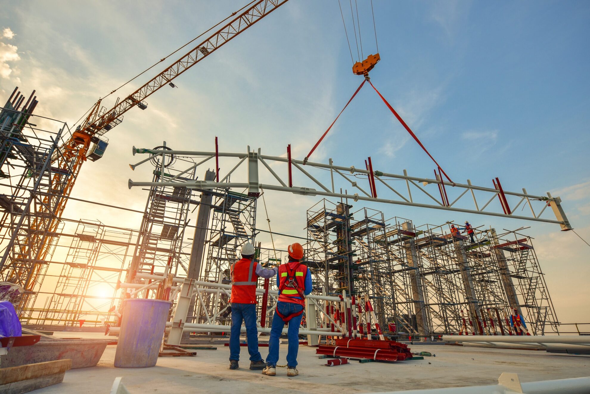Construction worker truss installation